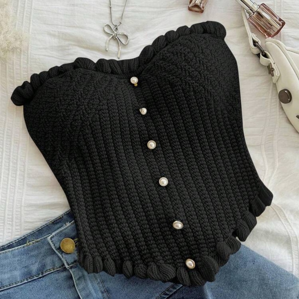 Black Knit Corset Top with Pearl Buttons